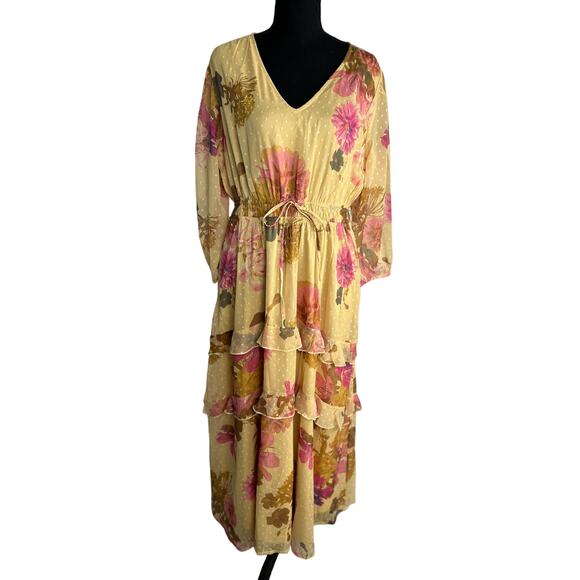 QVC Destination 365 Regular Floral Clip Dot Chiffon Maxi Dress NWOT Sz M Banana - Picture 2 of 8